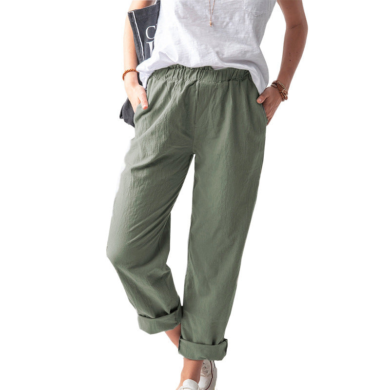 Pantalon en lin pour femme, pantalon haut élastique de couleur unie