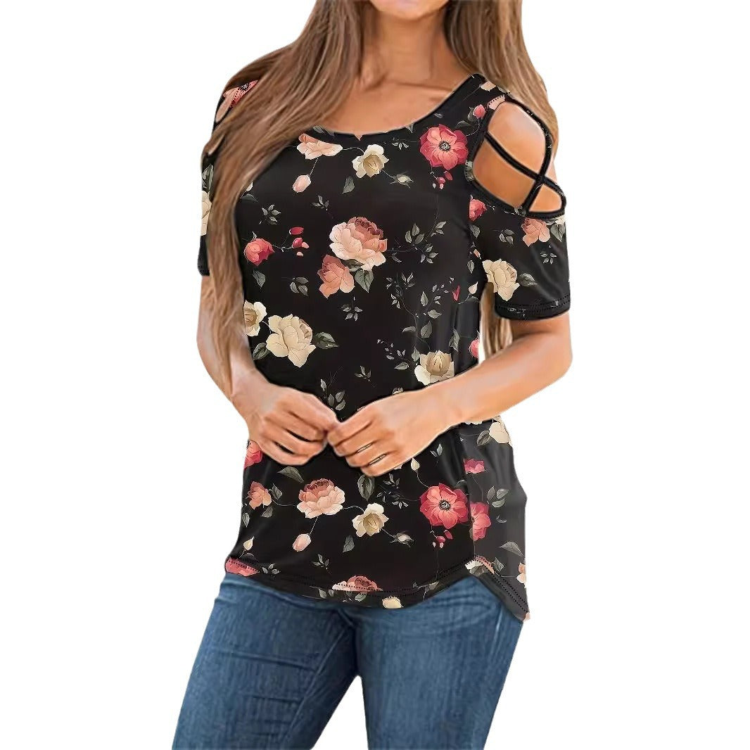 Women's Summer T-shirt Slimming Flower Print Blouses