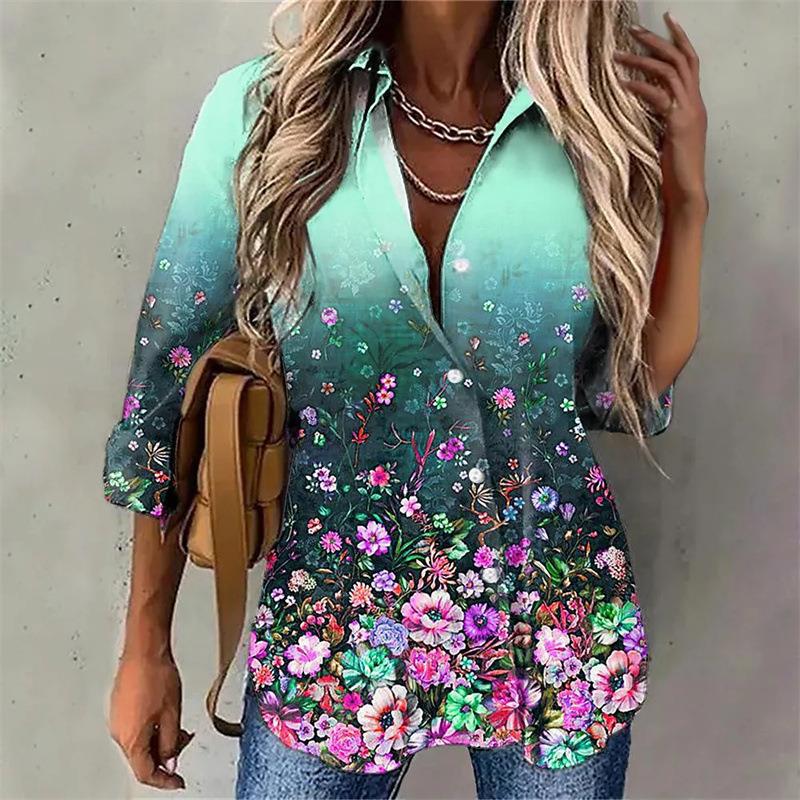 Spring Gradient Printing Button Long Sleeve Blouses