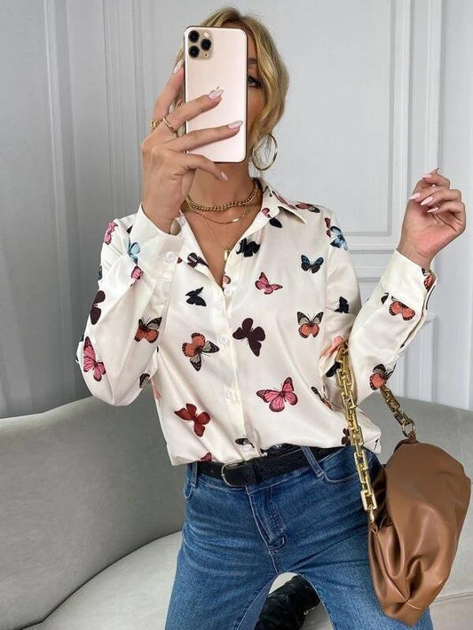 Women's Fashionable Printed Long-sleeved Shirt Butterfly Printing Blouses