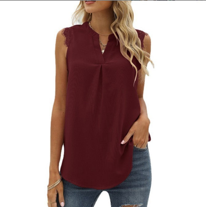 Women's Solid Color Shirt Loose Sleeveless Lace Blouses