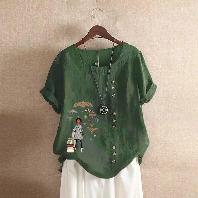 Women's Retro Cotton Linen Printed Casual Shirt Clothing