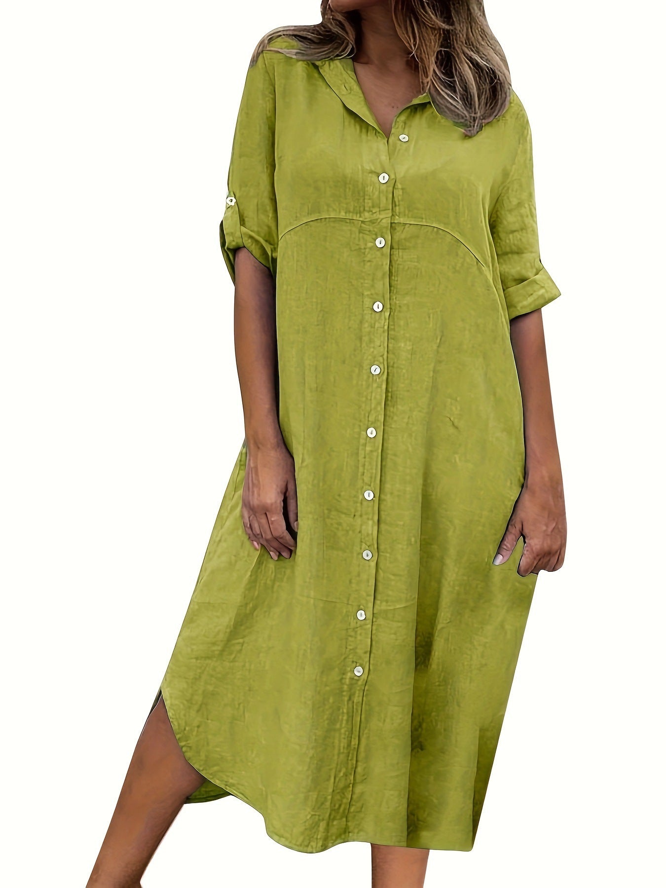 Solid Color Cotton Linen Shirt Dress Blouses