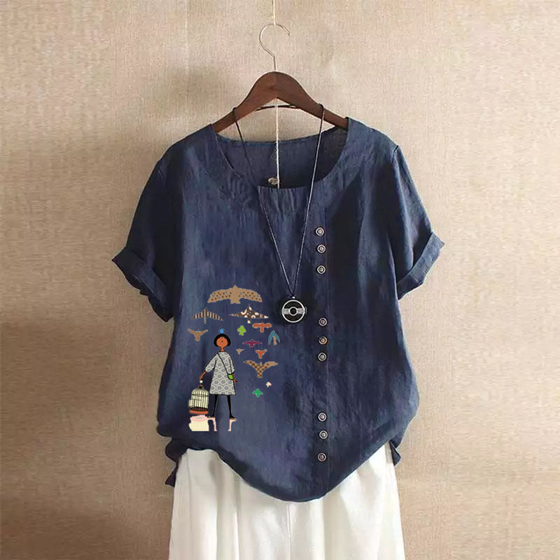 Women's Retro Cotton Linen Printed Casual Shirt Clothing