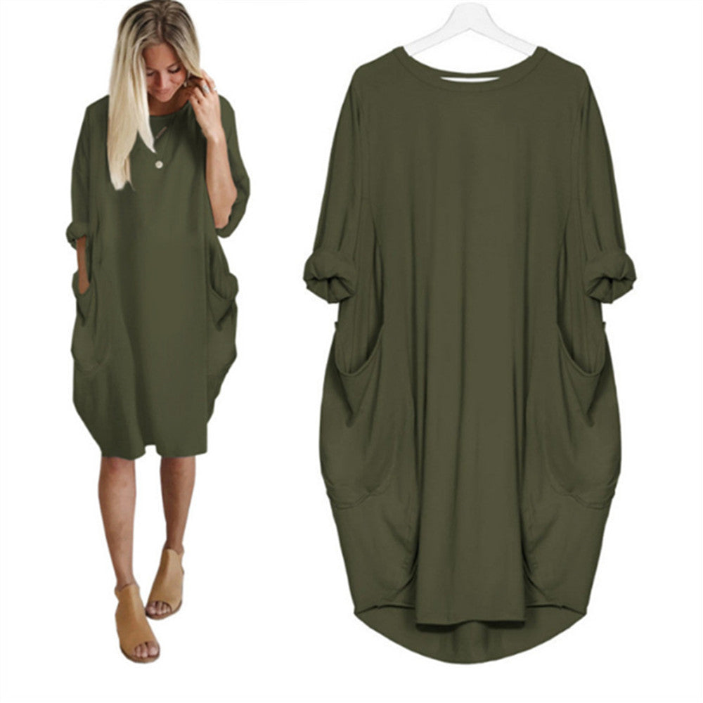 Women's Casual Loose Pockets Long Sleeve Full-figured Dresses