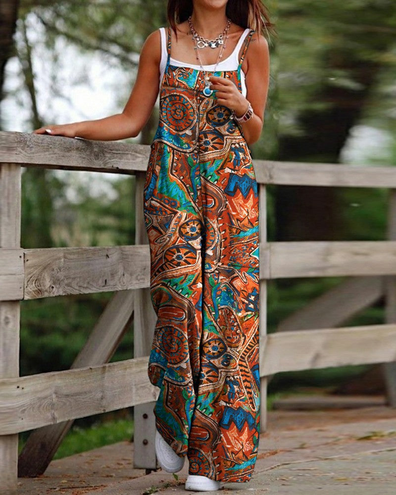 Women's Fashion Printed Sling Pocket Wide Leg Jumpsuits