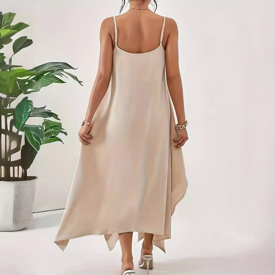 Women's Color Strap Backless Irregular Sleeveless Loose Dresses