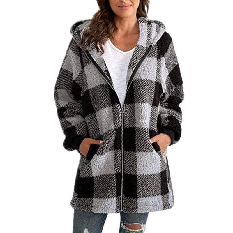 Women's Plush Long-sleeved Plaid Hooded Zipper With Sweaters