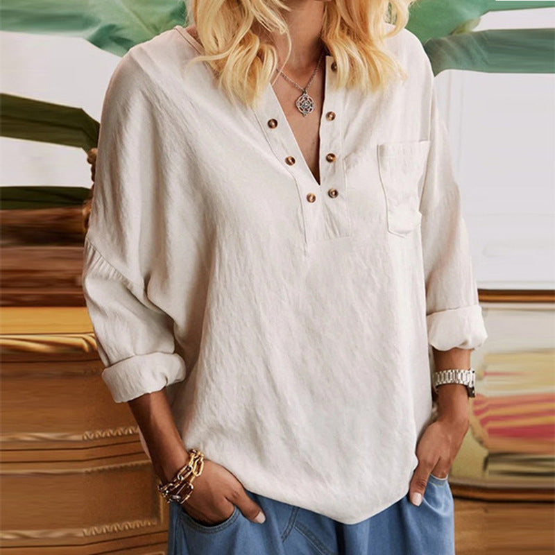 Women's Cotton Linen Shirt Solid Color Long-sleeved Blouses