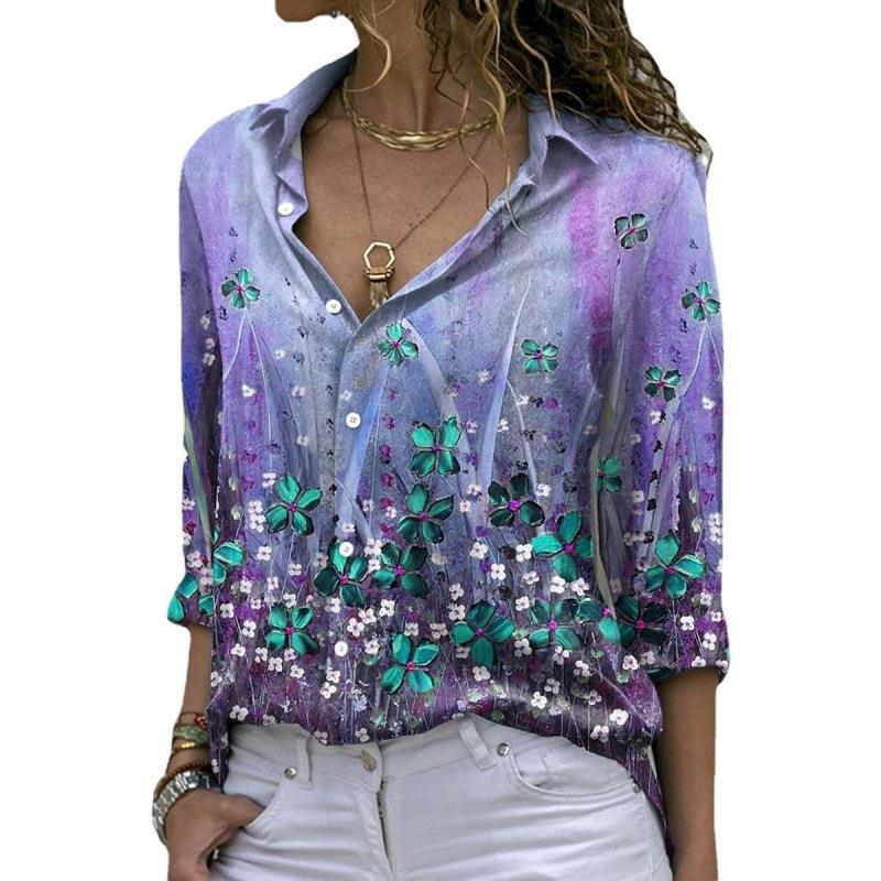 Flower Print Long Sleeve Lapel Shirt Blouses