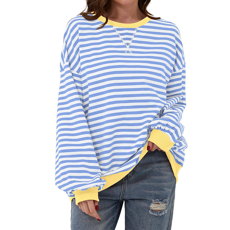 Women's T-shirt Summer Loose-fitting Striped Long Sleeves Blouses