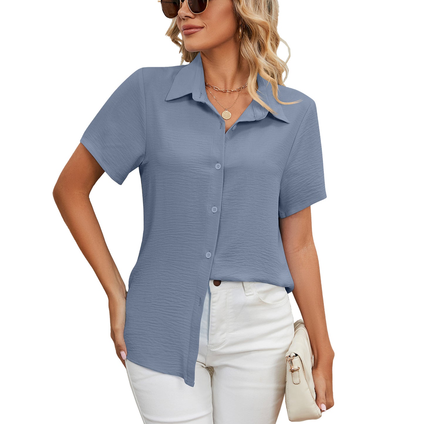 Women's Loose Sleeves Button V-neck Solid Color Blouses