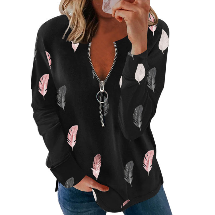 Women's V-neck Zipper Personalized Printed Long-sleeved Blouses