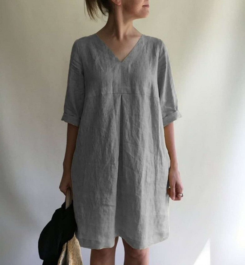 Women's Autumn Solid Color Cotton Linen 9-point Dresses