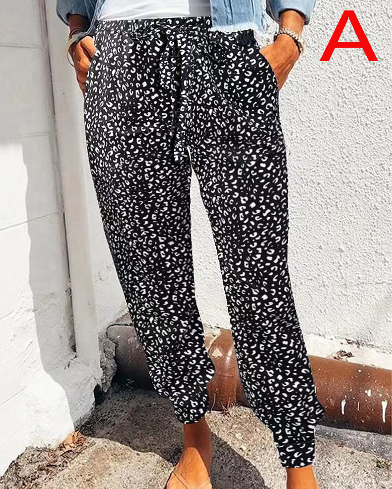 Women's Summer Trousers Loose Leopard Print Printed Drawstring Pants