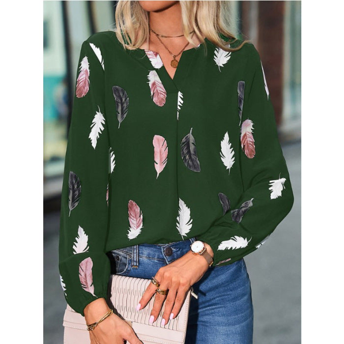 Women's V-neck Feather Print Long-sleeved Loose Blouses