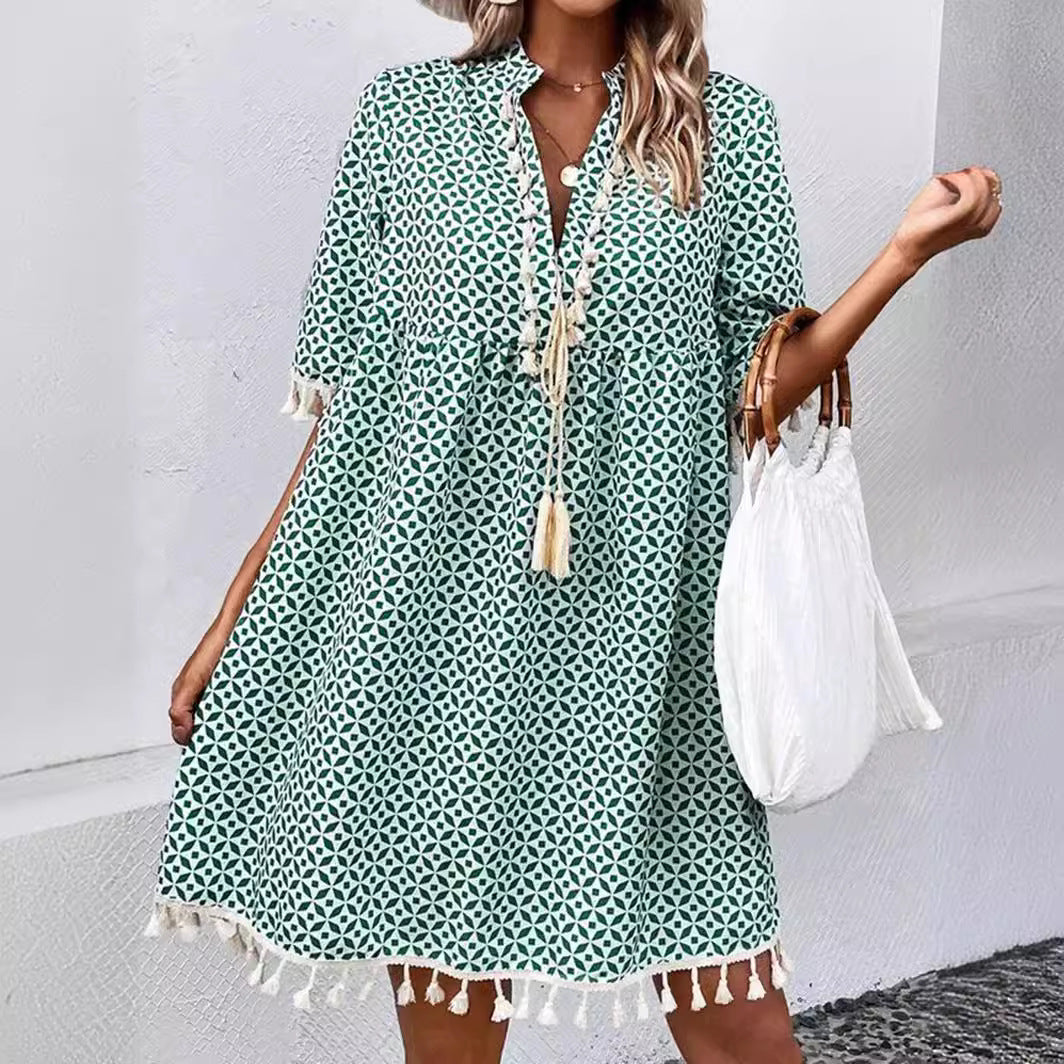 Women's Summer Tassel Bohemian Half-length Sleeve Dress Dresses