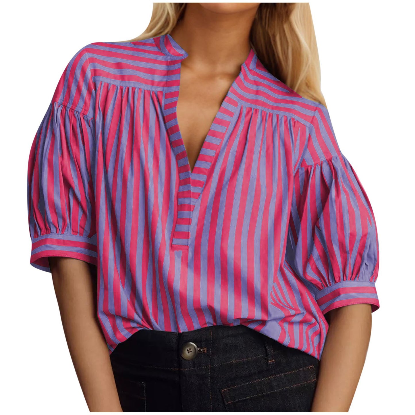 Women's Fashionable Loose Striped Shirt Sleeve Lantern Shorts