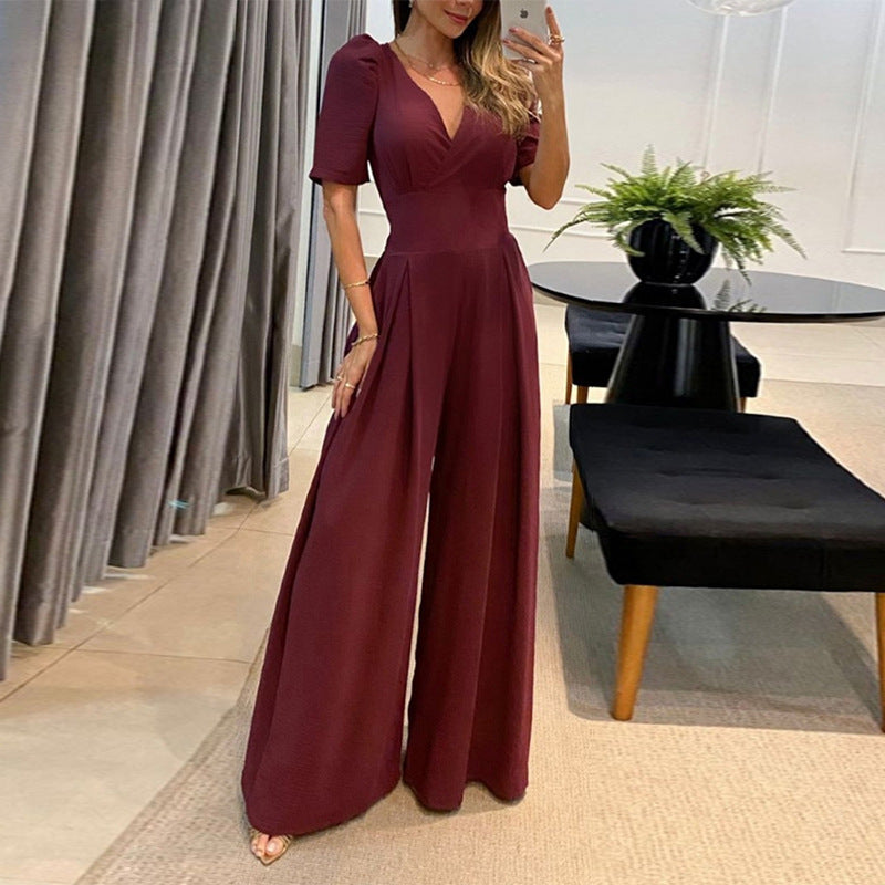 Women's Temperament Leisure V-neck Lace-up High Waist Puff Suits