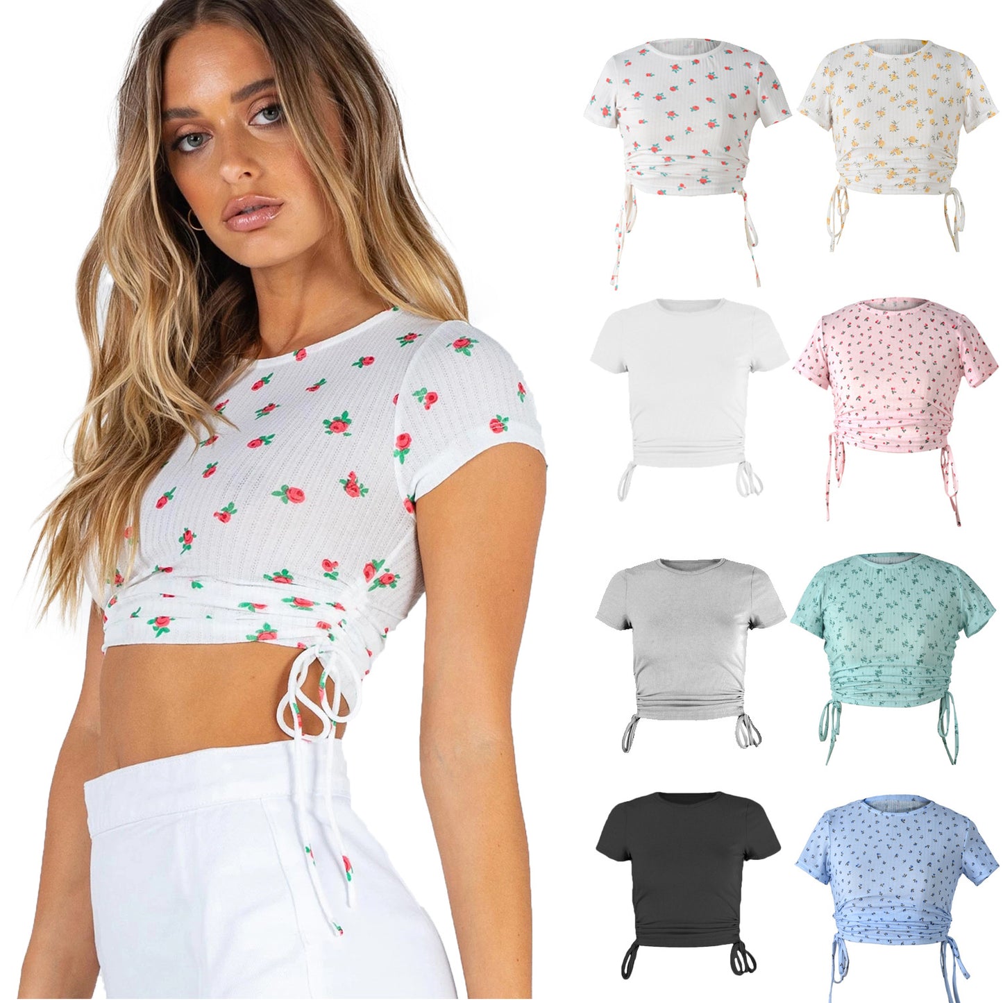 Women's Printed Short-sleeved T-shirt Drawstring Round Neck Tops