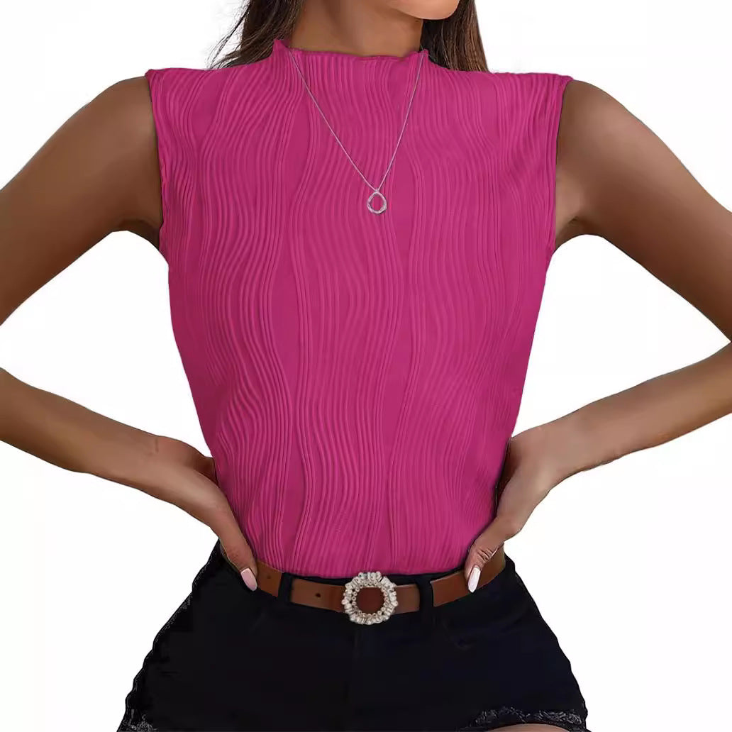 Pure Color Half Collar Slim Sleeveless Blouses