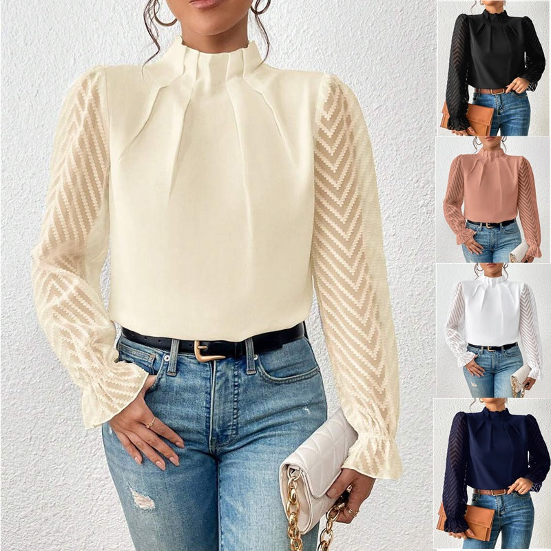 Women's Beautiful Stitching Wavy Chiffon Long-sleeved Tops