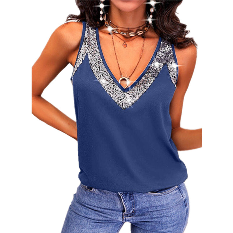 Women's Summer Solid Color Sequin Sleeveless T-shirt Vests