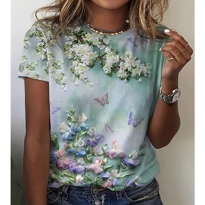 Kurzärmliges T-Shirt mit Blumen- und Pflanzendruck für den Sommer für Damen