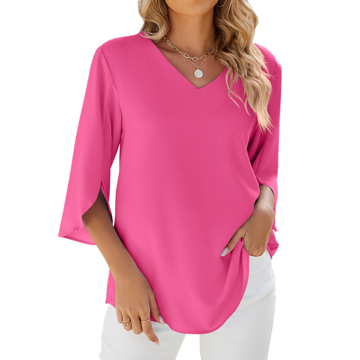 Women's Summer Solid Color Chiffon Half Sleeve Blouses