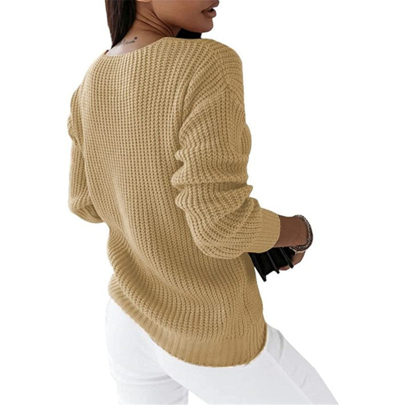 Women's Long Sleeve V-neck Solid Color Twist Tops