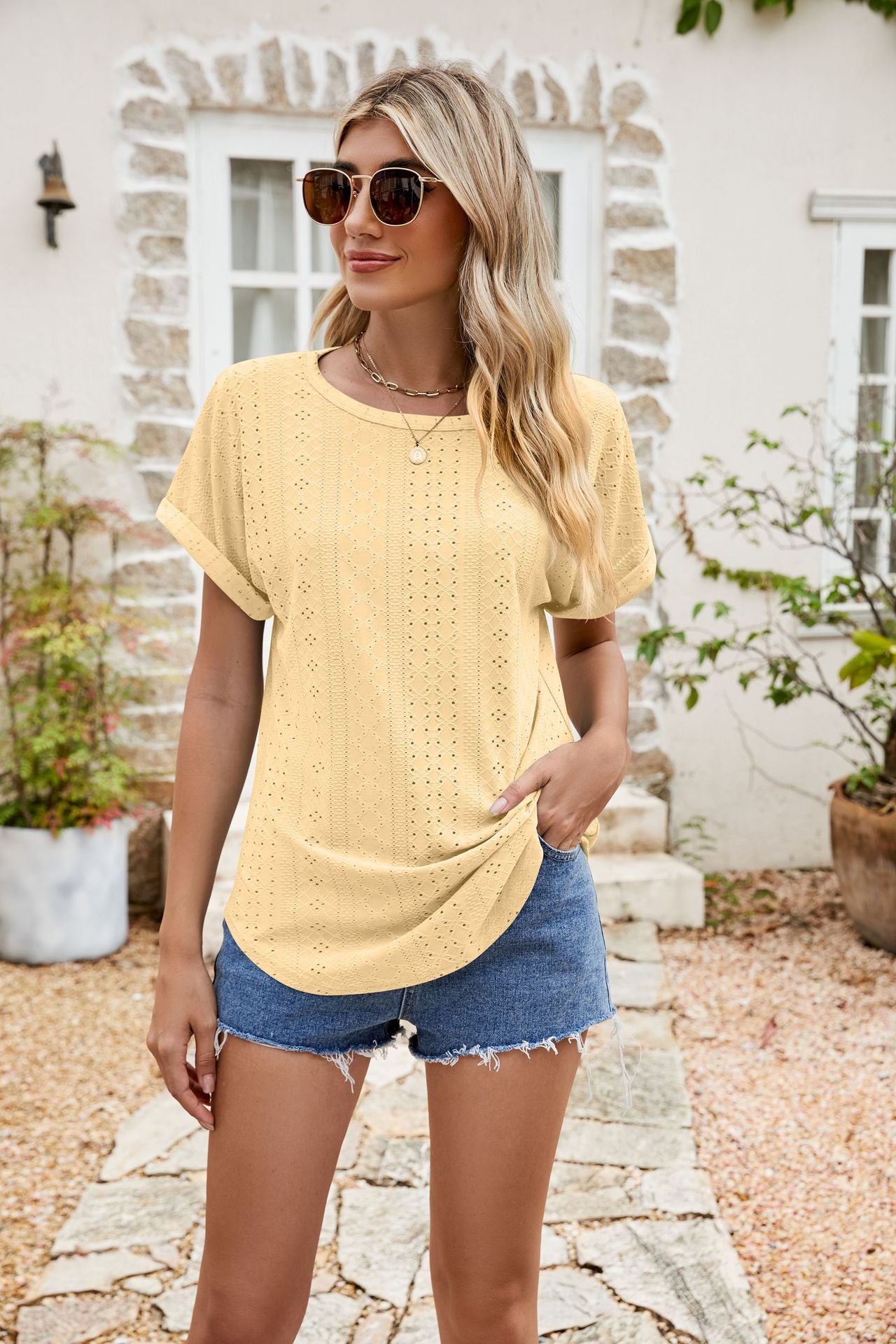 Women's Summer Hole Round Neck Sleeve Eyelet Shorts