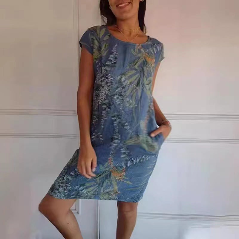 Damen-Kleid mit Rundhalsausschnitt, weiten Ärmeln und Aufdruck