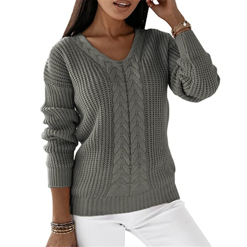 Women's Long Sleeve V-neck Solid Color Twist Tops