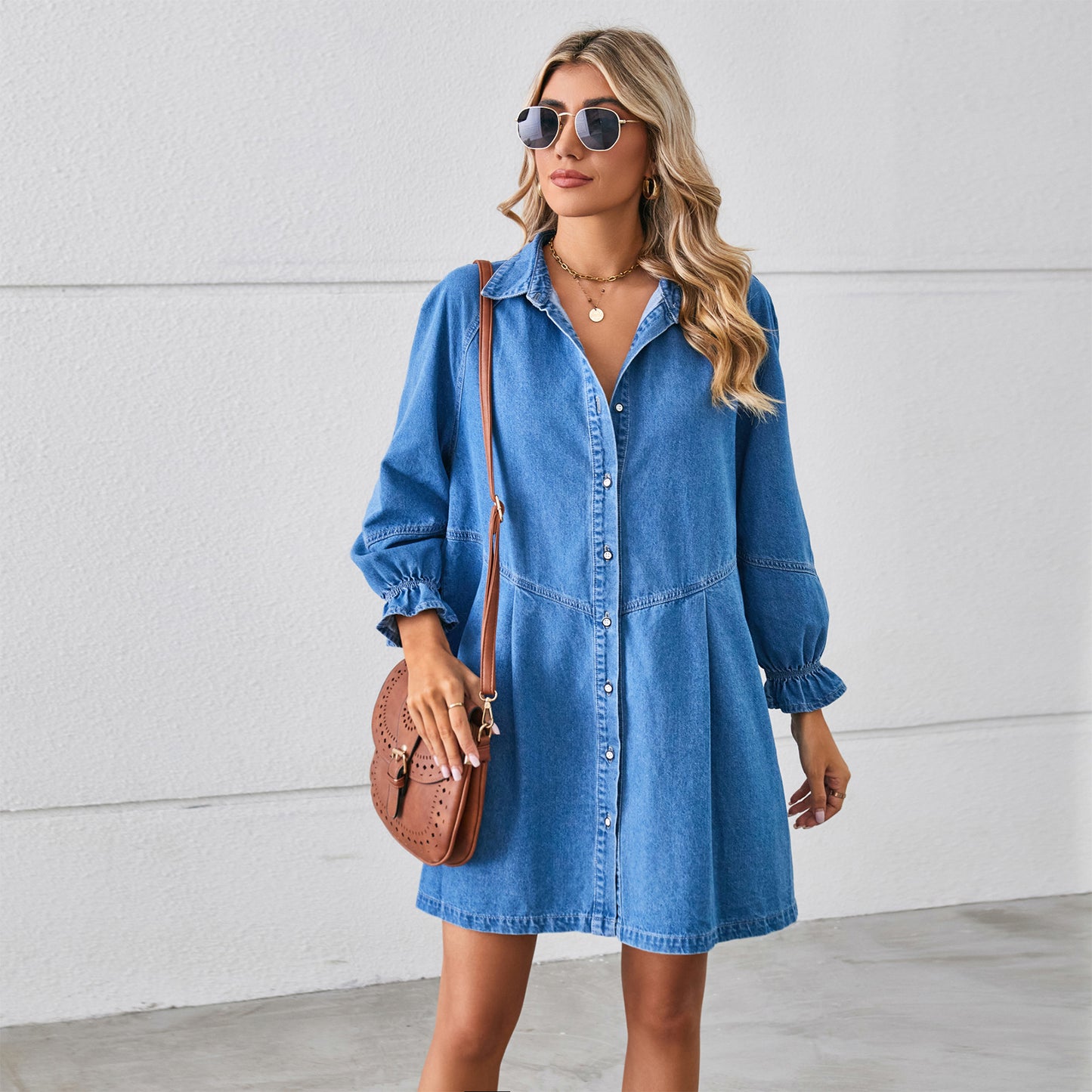 Women's Long Sleeve Stitching Denim Dress Midi Dresses