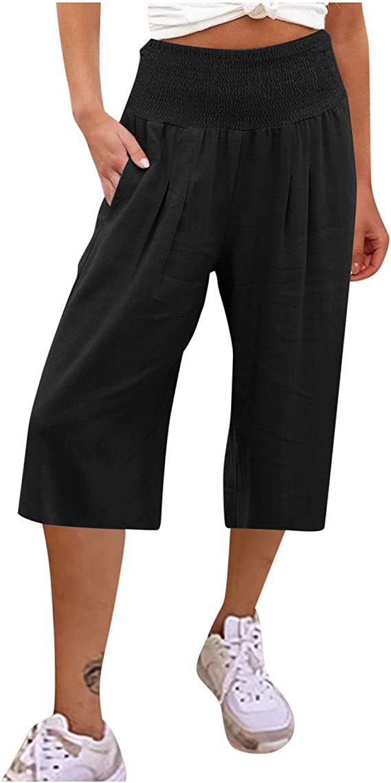 Women's Linen Cropped Waist Smocking Thin Pocket Pants