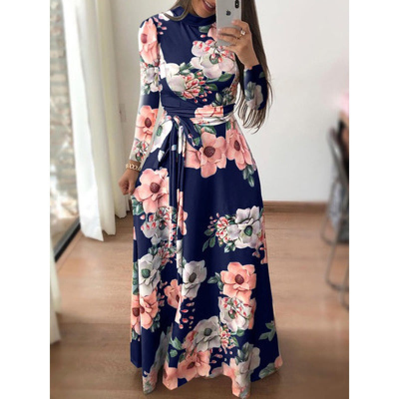 Women's Casual Printed Lace Up Maxi Dress Dresses