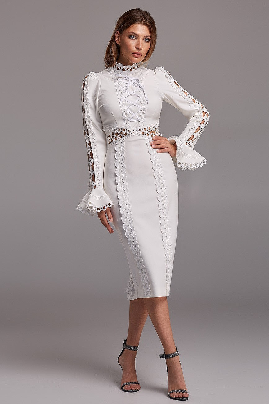 Women's Round Neck Sleeve Lace Midi Dress Dresses