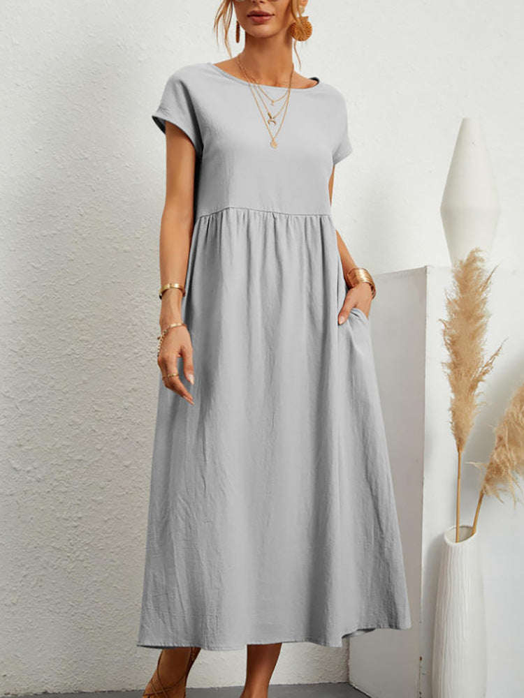 Loose Cotton Linen Pocket Round Neck Dresses