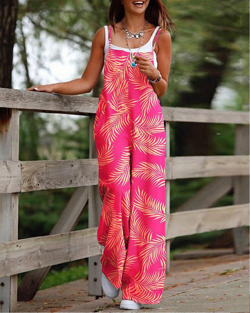 Women's Fashion Printed Sling Pocket Wide Leg Jumpsuits