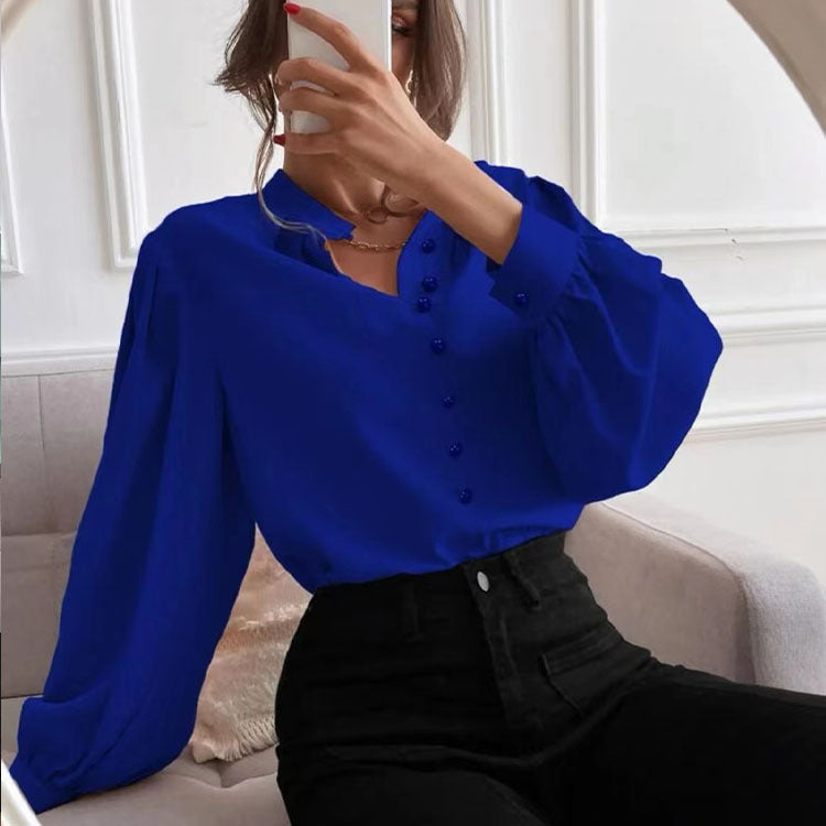 Women's Elegant Solid Color Lapel Long Sleeve Single Row Blouses