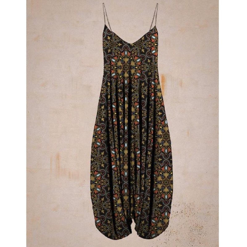 Schöner, lockerer Strand-Jumpsuit mit Print und Hosenträgern für Damen