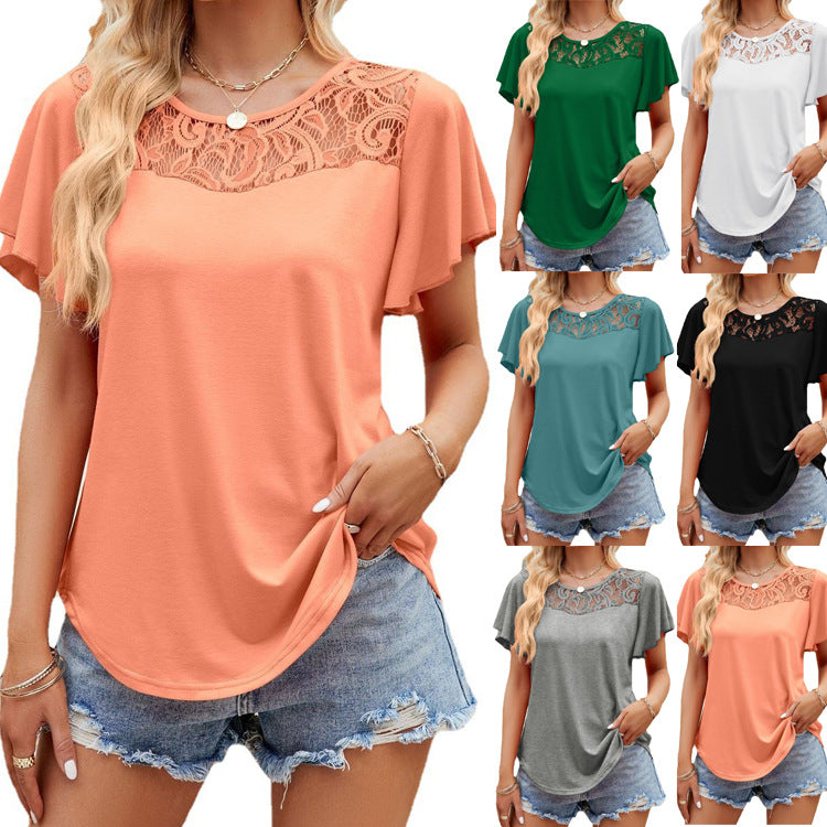 Women's T-shirt Pure Color Mesh Patchwork Ruffled Blouses