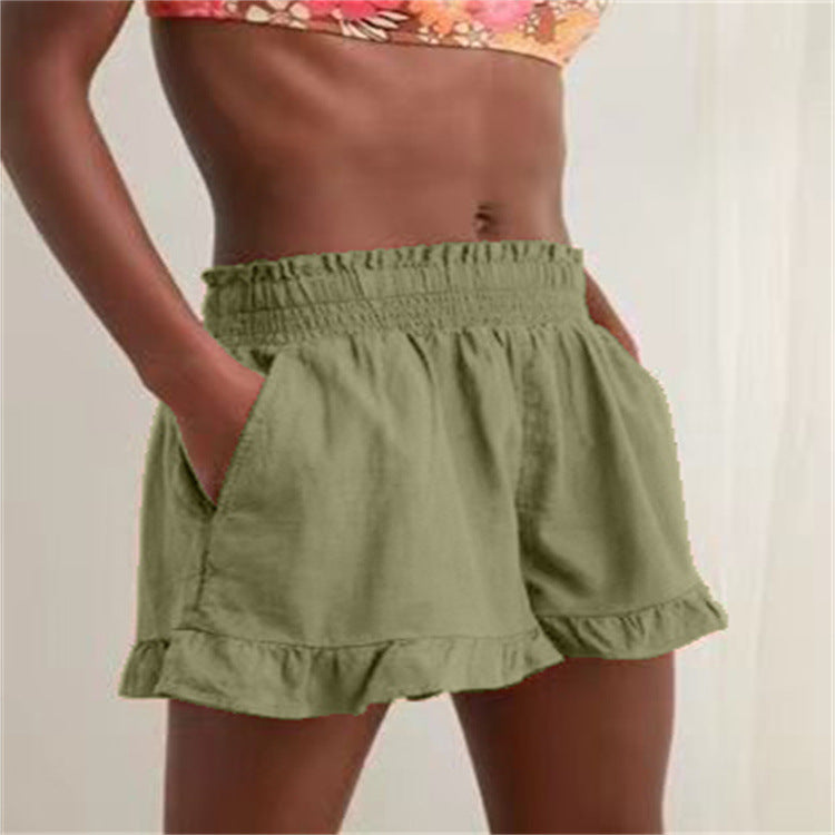 Damen Sommerhose mit hoher Taille und lockerer, elastischer Hose mit Holzohren