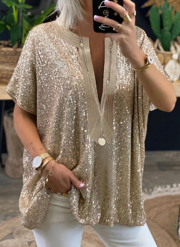 Slouchy Cool Deep V-neck Sequins Patchwork Blouses