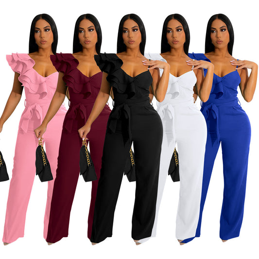 Damen Jumpsuits mit Rüschen, einer Schulter, ärmellos, Taille, tiefem V-Ausschnitt, locker und einfarbig