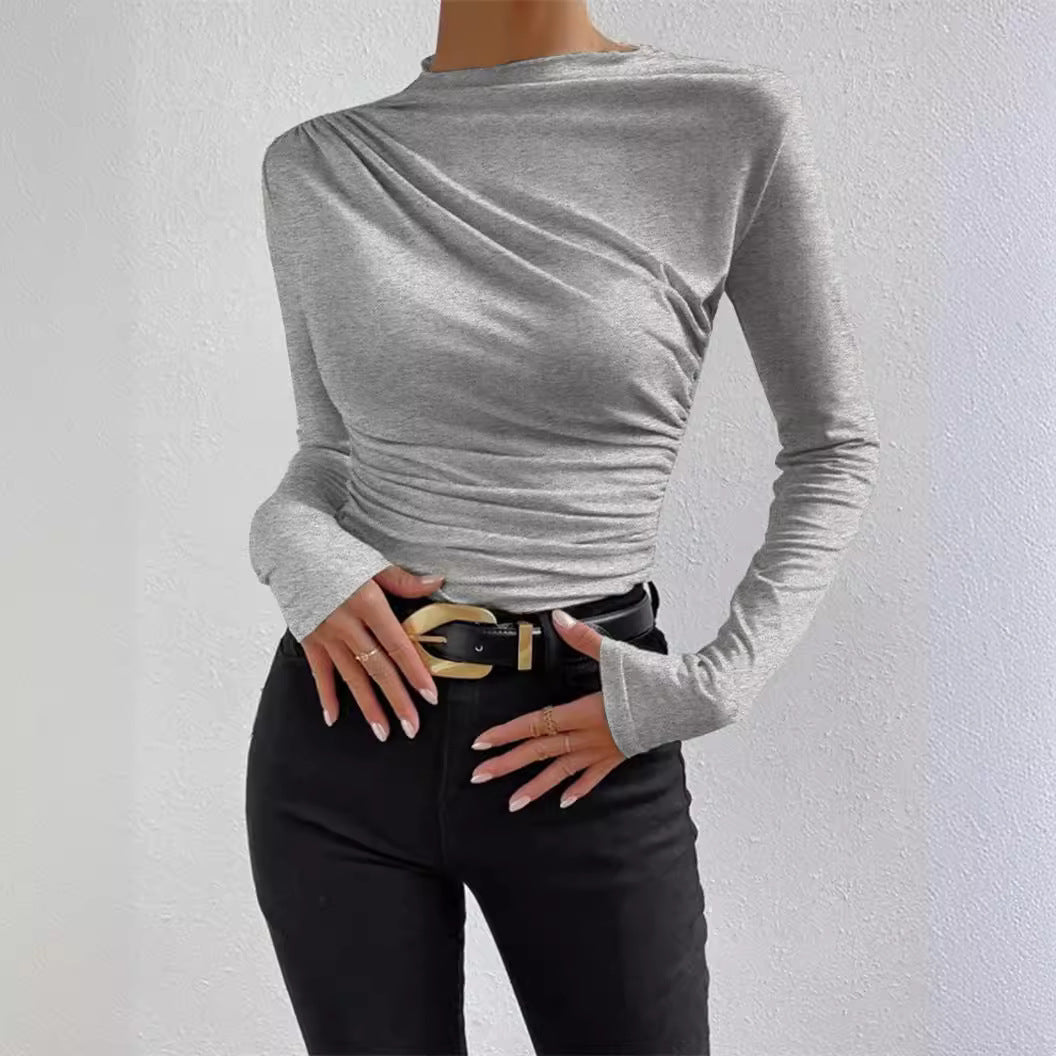 Women's Color Bottoming Shirt Versatile Pleated Design Blouses