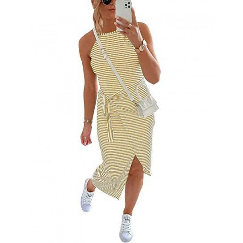 Summer Striped Sleeveless Halter Sexy Dress Dresses