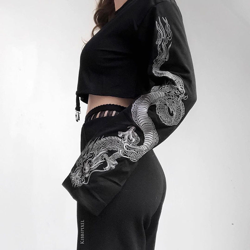 Women's Dark Dragon Pattern Long-sleeved Hip Loose Sweaters