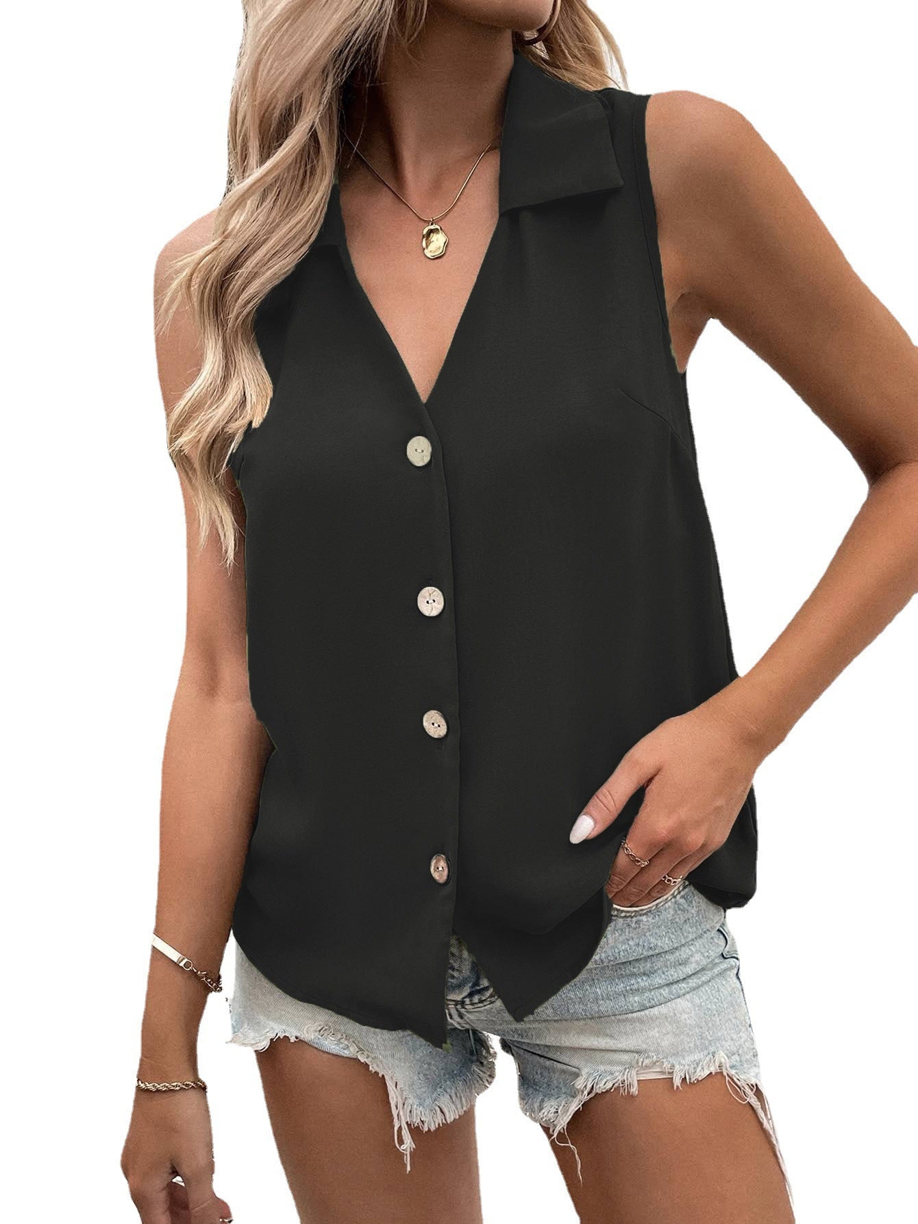 Women's Solid Color Loose Chiffon Shirt Sleeveless Blouses