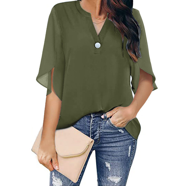 Women's Sleeve Elegant Casual Solid Color V-neck Blouses